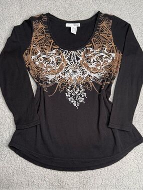 RXB black brown tribal graphic long sleeve top cotton Y2K size S